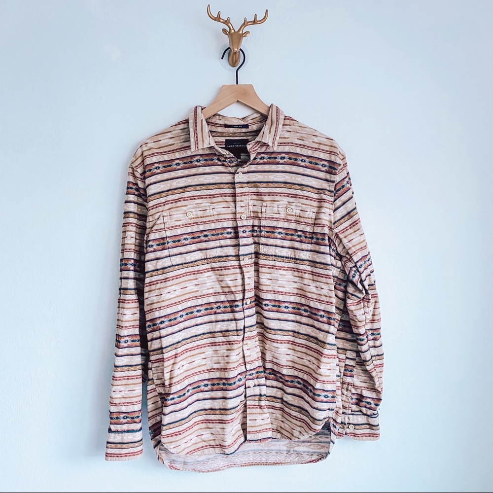 Lucky Brand Print Design Button Up Shirt Sz Large